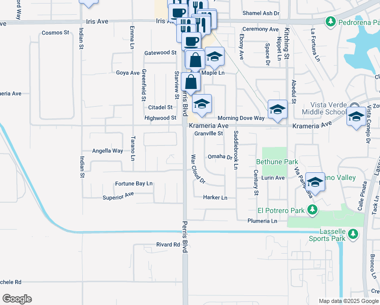 map of restaurants, bars, coffee shops, grocery stores, and more near 16603 War Cloud Drive in Moreno Valley