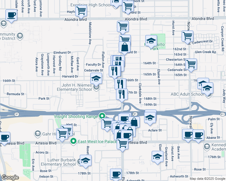 map of restaurants, bars, coffee shops, grocery stores, and more near 11716 Arkansas Street in Artesia