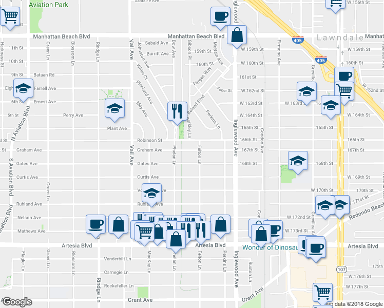 map of restaurants, bars, coffee shops, grocery stores, and more near 2516 Graham Avenue in Redondo Beach