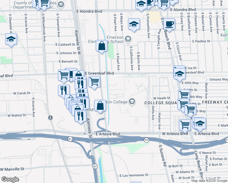 map of restaurants, bars, coffee shops, grocery stores, and more near 808 East Clemmer Drive in Compton