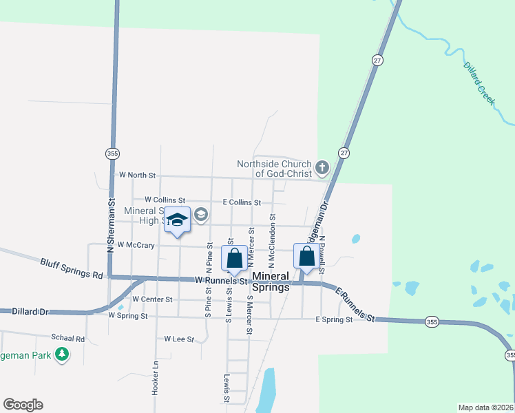map of restaurants, bars, coffee shops, grocery stores, and more near 323 North Mercer in Mineral Springs
