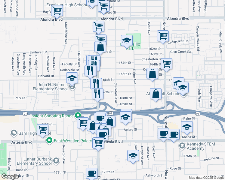 map of restaurants, bars, coffee shops, grocery stores, and more near 11863 167th Street in Artesia
