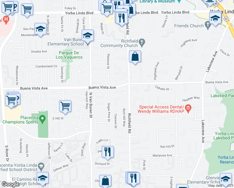 map of restaurants, bars, coffee shops, grocery stores, and more near 17530 Monette Circle in Yorba Linda
