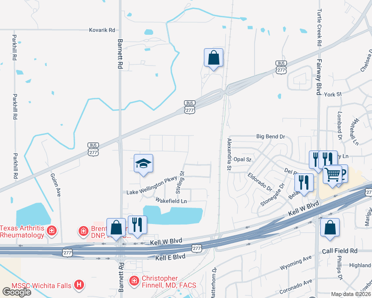map of restaurants, bars, coffee shops, grocery stores, and more near 3406 Stirling Street in Wichita Falls