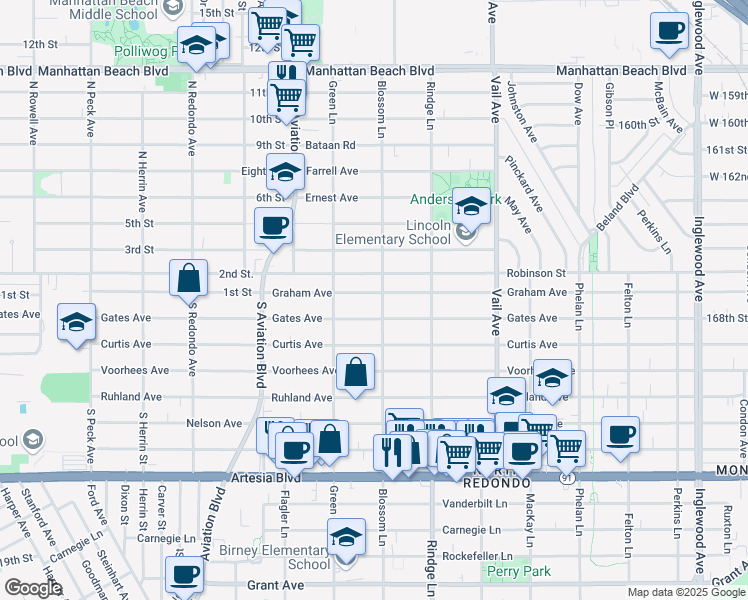 map of restaurants, bars, coffee shops, grocery stores, and more near 2020 Graham Avenue in Redondo Beach