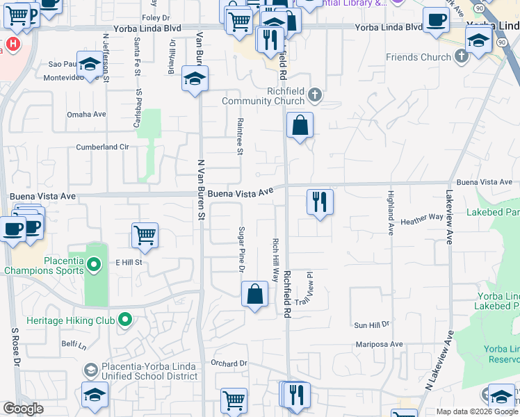 map of restaurants, bars, coffee shops, grocery stores, and more near 17530 Monette Circle in Yorba Linda