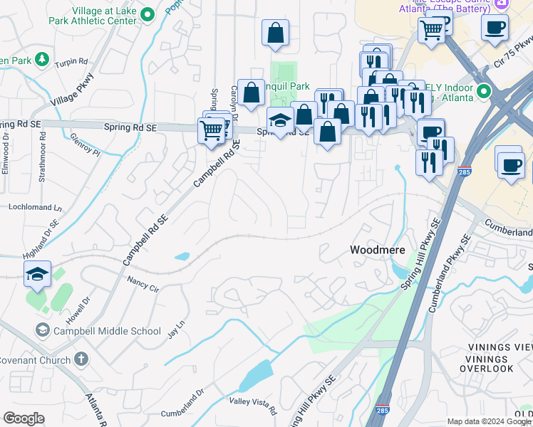 map of restaurants, bars, coffee shops, grocery stores, and more near 1220 Bickham Way Southeast in Smyrna