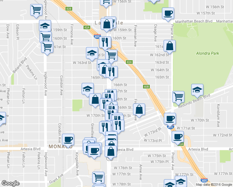 map of restaurants, bars, coffee shops, grocery stores, and more near 4336 167th Street in Lawndale
