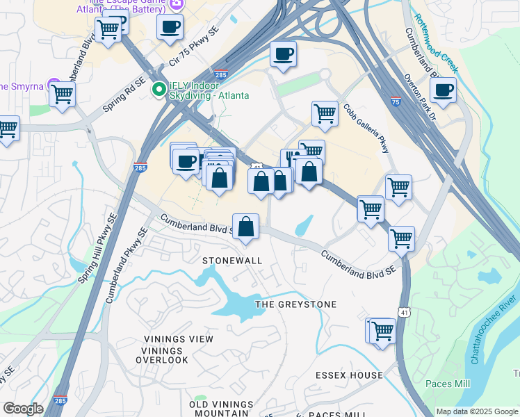 map of restaurants, bars, coffee shops, grocery stores, and more near 2945 Cumberland Mall in Atlanta