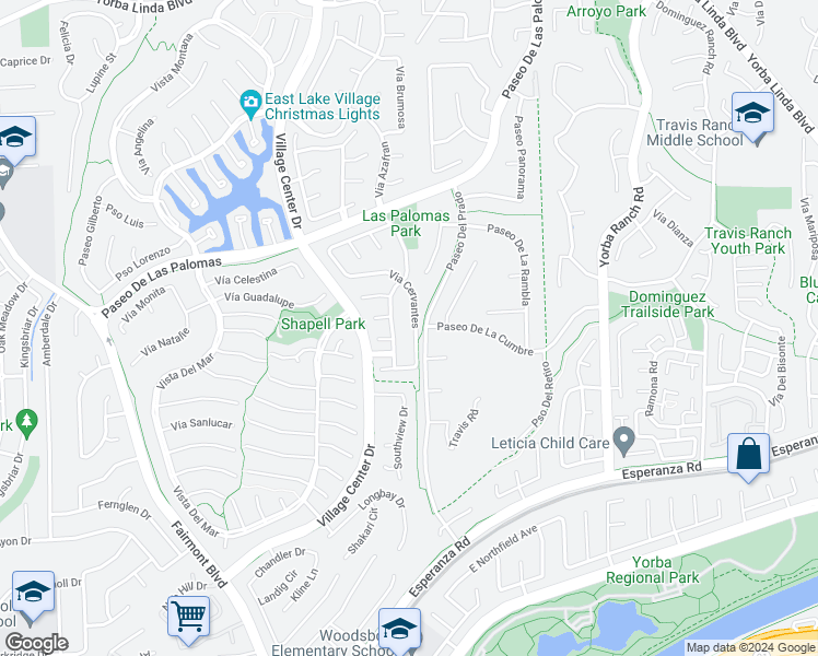 map of restaurants, bars, coffee shops, grocery stores, and more near 5505 Via Cervantes in Yorba Linda
