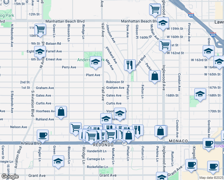 map of restaurants, bars, coffee shops, grocery stores, and more near 2609 Mackay Lane in Redondo Beach