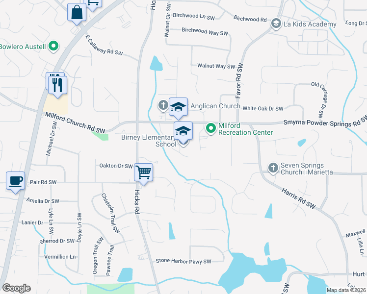 map of restaurants, bars, coffee shops, grocery stores, and more near 775 Smyrna Powder Springs Road Southwest in Marietta