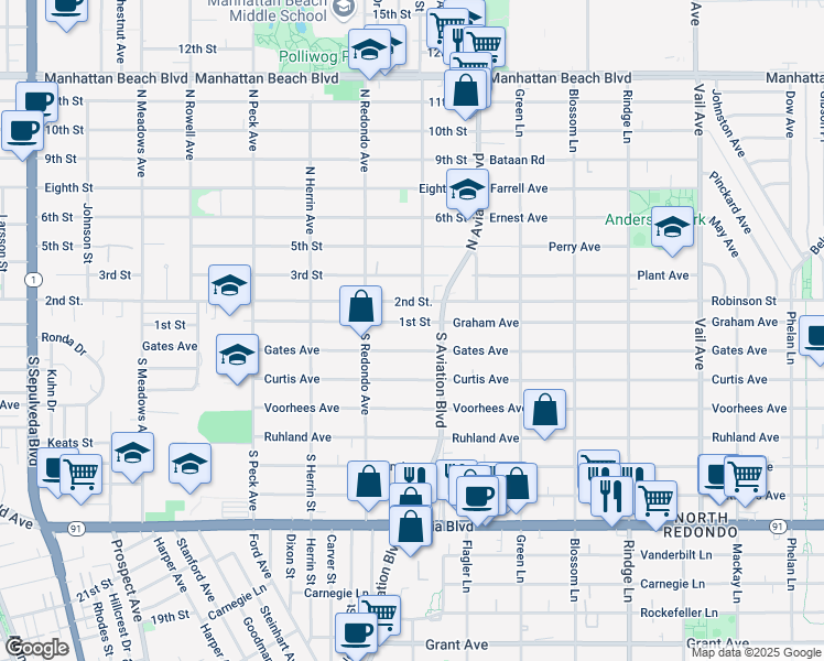 map of restaurants, bars, coffee shops, grocery stores, and more near 1740 1st Street in Manhattan Beach