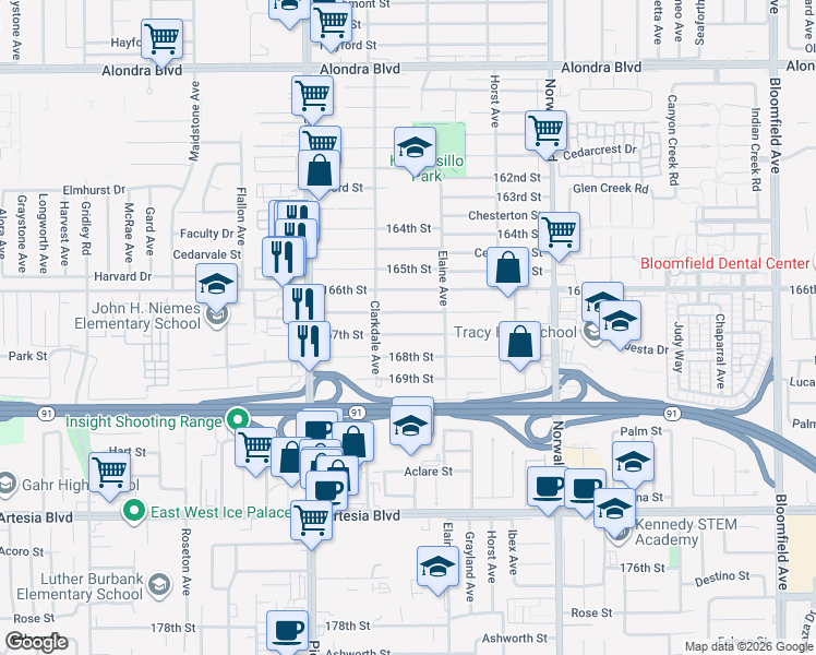 map of restaurants, bars, coffee shops, grocery stores, and more near 11937 167th Street in Artesia
