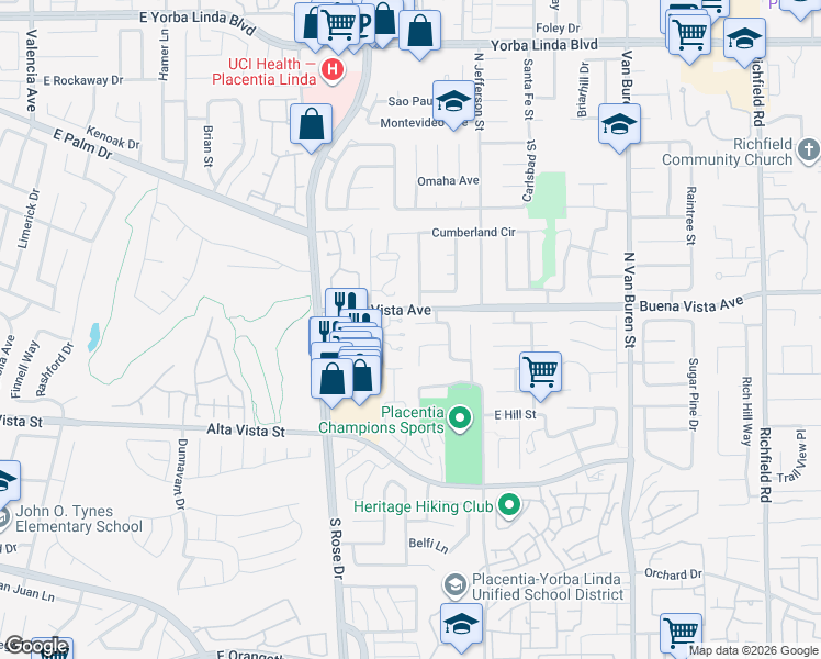 map of restaurants, bars, coffee shops, grocery stores, and more near 1300 East Corbett Drive in Placentia