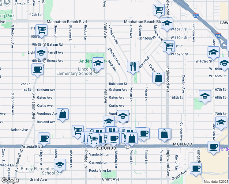 map of restaurants, bars, coffee shops, grocery stores, and more near 2609 Mackay Lane in Redondo Beach