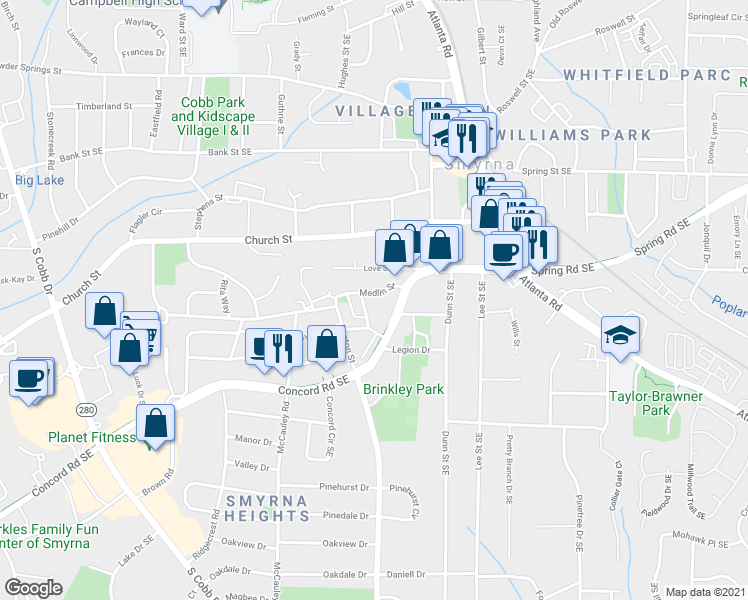 map of restaurants, bars, coffee shops, grocery stores, and more near 1190 Medlin Street in Smyrna