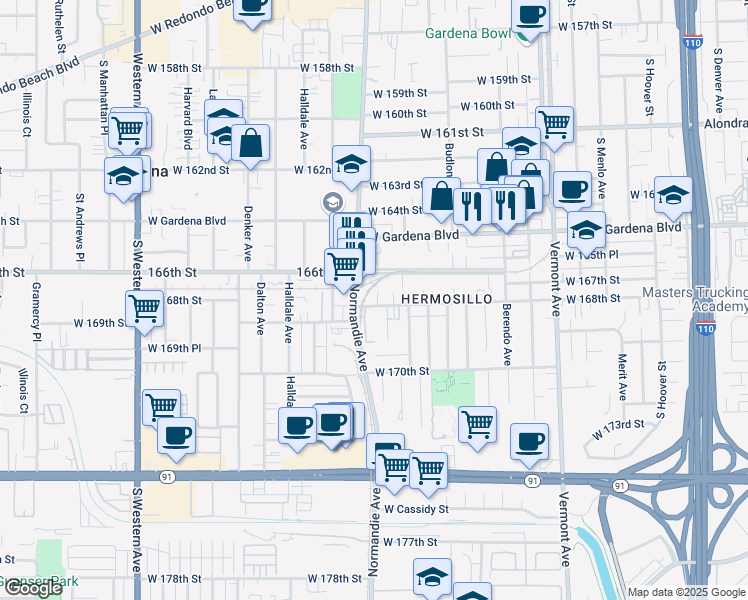 map of restaurants, bars, coffee shops, grocery stores, and more near 1345 West 168th Street in Gardena