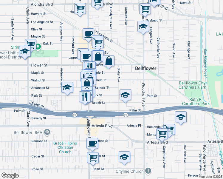 map of restaurants, bars, coffee shops, grocery stores, and more near 9932 Arkansas Street in Bellflower