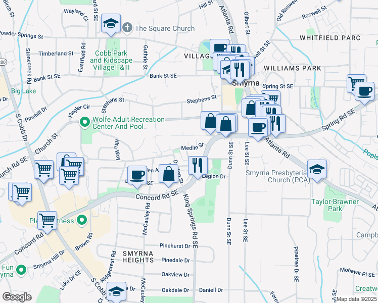 map of restaurants, bars, coffee shops, grocery stores, and more near 1184 Medlin Street in Atlanta