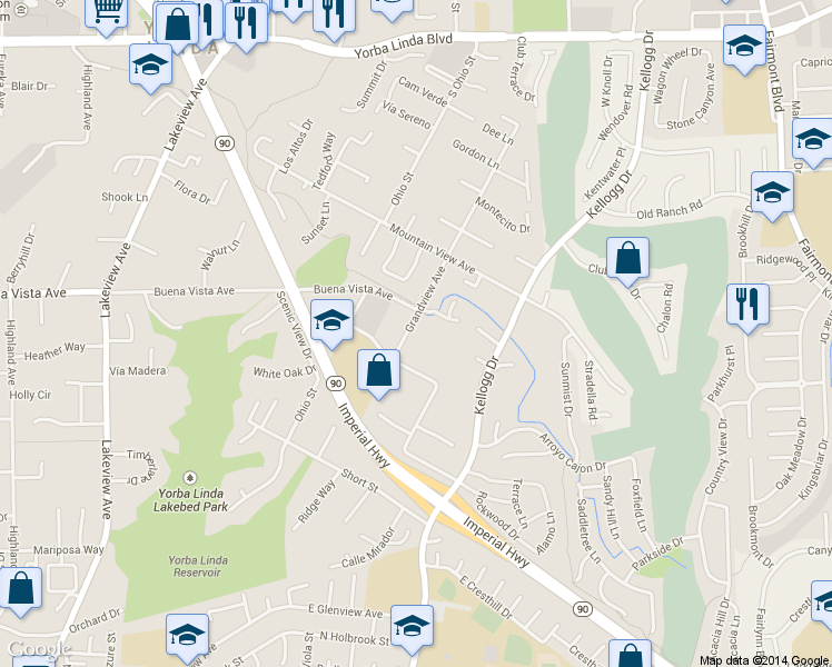 map of restaurants, bars, coffee shops, grocery stores, and more near 5670 Grandview Avenue in Yorba Linda