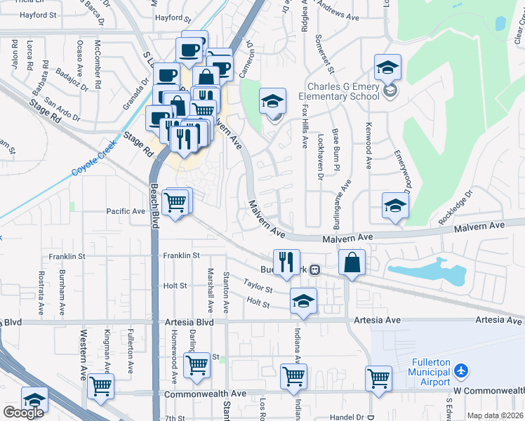 map of restaurants, bars, coffee shops, grocery stores, and more near 8174 Mammoth Circle in Buena Park