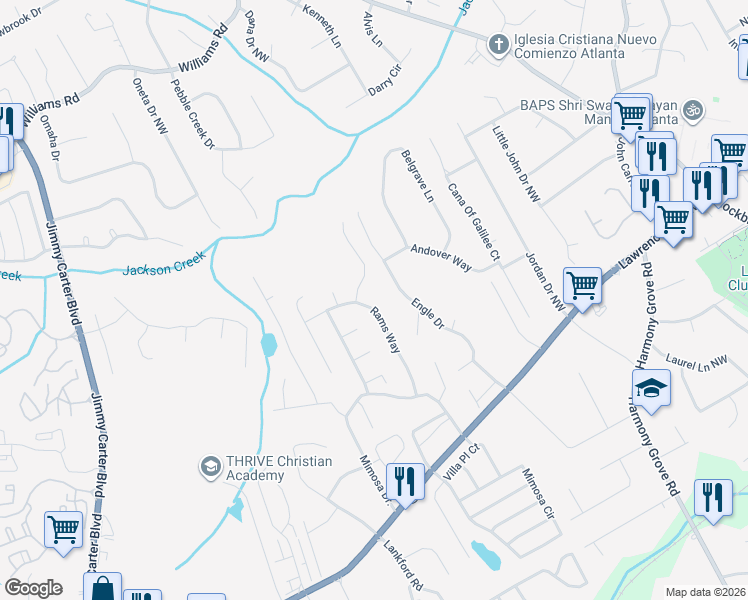 map of restaurants, bars, coffee shops, grocery stores, and more near 505 Rams Way in Tucker