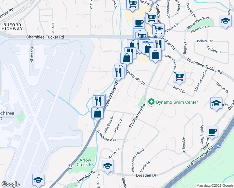 map of restaurants, bars, coffee shops, grocery stores, and more near 4705 Buford Highway Northeast in Atlanta