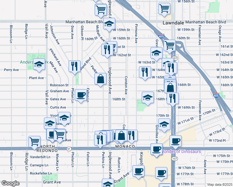 map of restaurants, bars, coffee shops, grocery stores, and more near 4738 167th Street in Lawndale