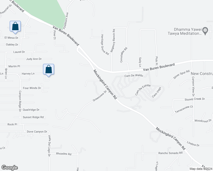 map of restaurants, bars, coffee shops, grocery stores, and more near 16440 Mockingbird Canyon Road in Riverside