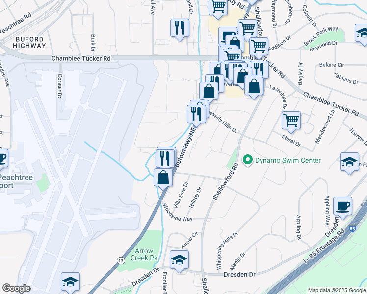 map of restaurants, bars, coffee shops, grocery stores, and more near 4770 Buford Highway Northeast in Atlanta