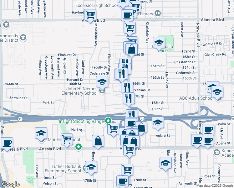 map of restaurants, bars, coffee shops, grocery stores, and more near 11662 Arkansas Street in Artesia