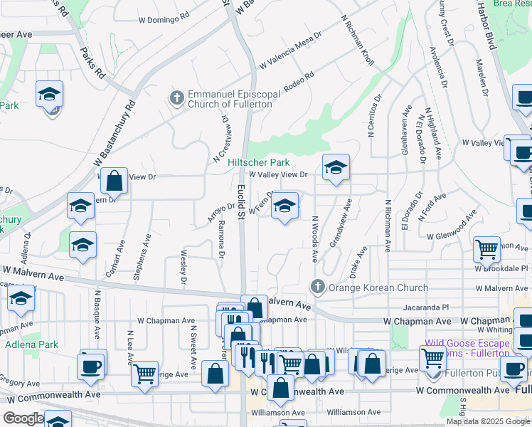 map of restaurants, bars, coffee shops, grocery stores, and more near 759 Barris Drive in Fullerton