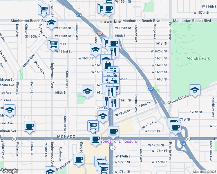map of restaurants, bars, coffee shops, grocery stores, and more near 16715 Hawthorne Boulevard in Lawndale