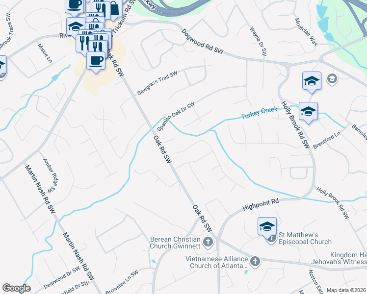 map of restaurants, bars, coffee shops, grocery stores, and more near 1122 Melton Drive Southwest in Lilburn