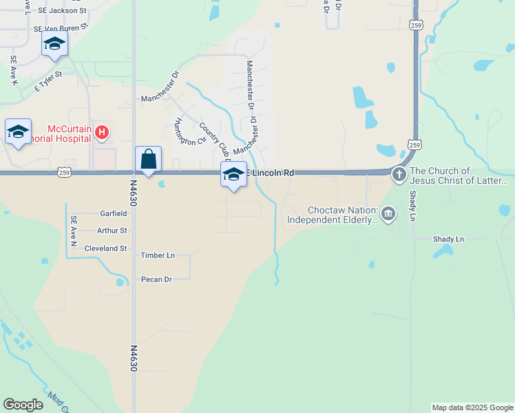 map of restaurants, bars, coffee shops, grocery stores, and more near 220 Sunrise Street in Idabel