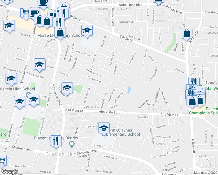 map of restaurants, bars, coffee shops, grocery stores, and more near 1042 Magnolia Avenue in Placentia