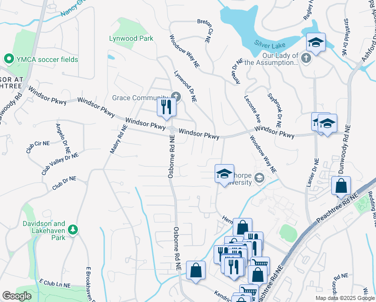 map of restaurants, bars, coffee shops, grocery stores, and more near 3080 Dickson Street Northeast in Brookhaven