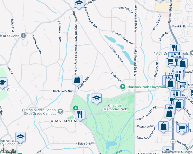 map of restaurants, bars, coffee shops, grocery stores, and more near 195 Worth Drive Northwest in Atlanta