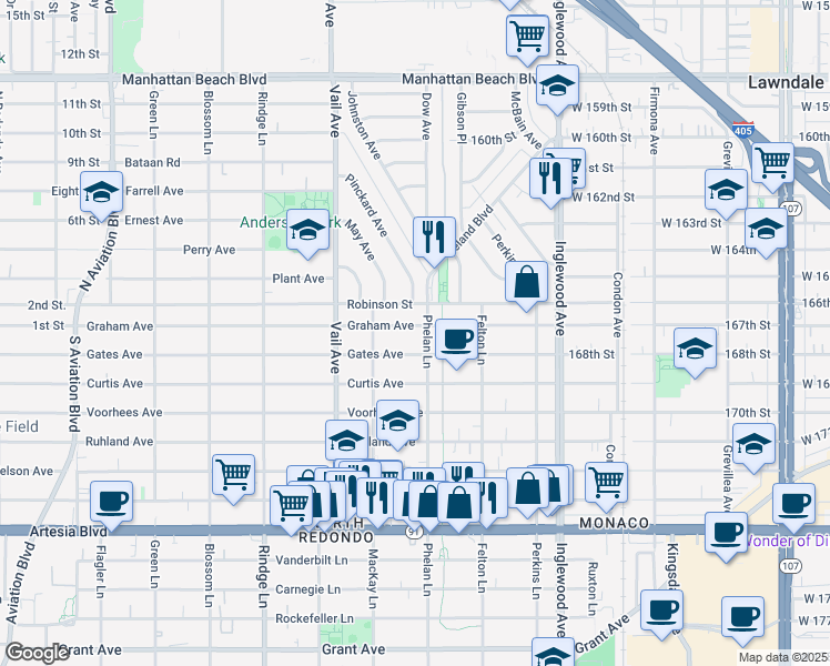 map of restaurants, bars, coffee shops, grocery stores, and more near 2418 Graham Avenue in Redondo Beach
