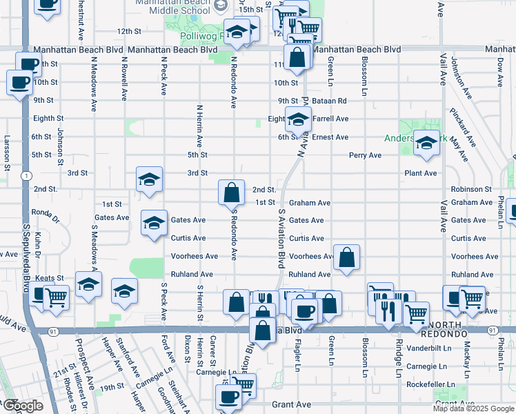 map of restaurants, bars, coffee shops, grocery stores, and more near 1740 1st Street in Manhattan Beach