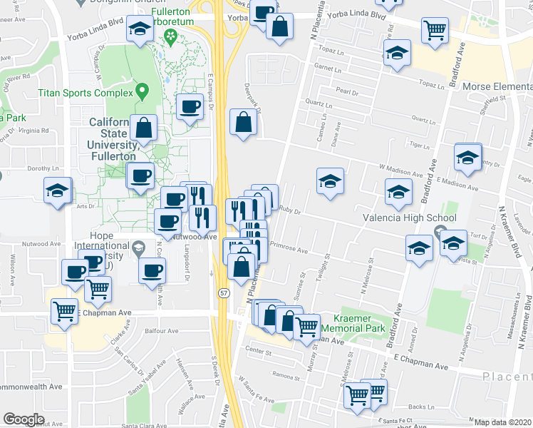 map of restaurants, bars, coffee shops, grocery stores, and more near 937 North Placentia Avenue in Fullerton