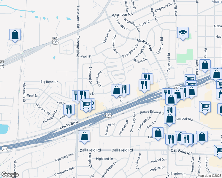 map of restaurants, bars, coffee shops, grocery stores, and more near 4404 Mallory Lane in Wichita Falls