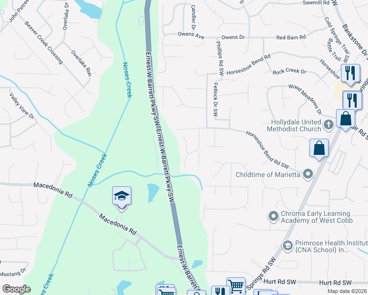 map of restaurants, bars, coffee shops, grocery stores, and more near 3010 Stirrup Lane Southwest in Marietta