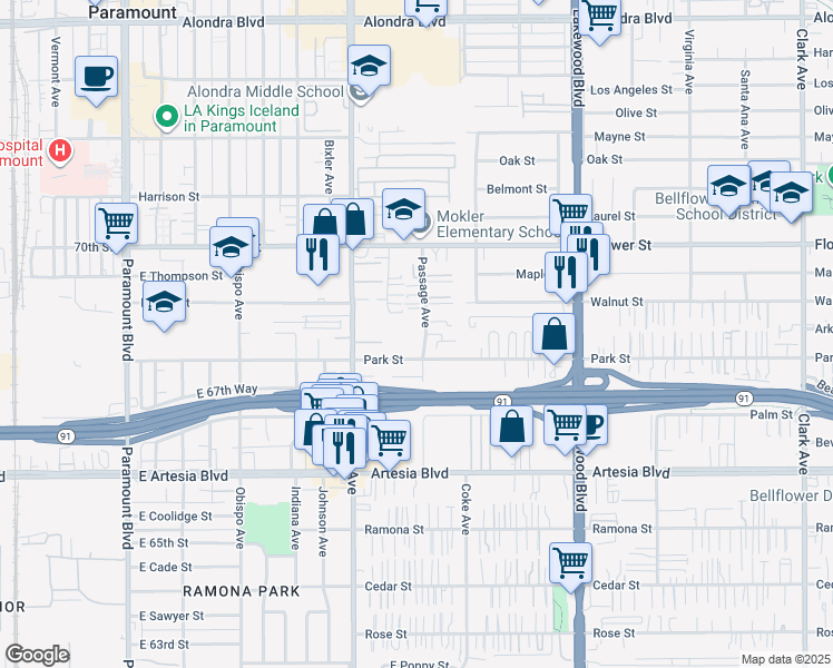 map of restaurants, bars, coffee shops, grocery stores, and more near 17035 Passage Avenue in Bellflower