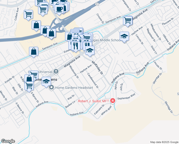 map of restaurants, bars, coffee shops, grocery stores, and more near 3641 Candlewood Street in Corona