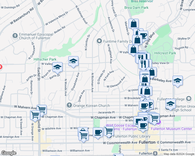 map of restaurants, bars, coffee shops, grocery stores, and more near 839 El Dorado Drive in Fullerton