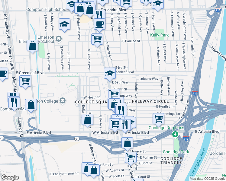 map of restaurants, bars, coffee shops, grocery stores, and more near 6890 Long Beach Boulevard in Long Beach