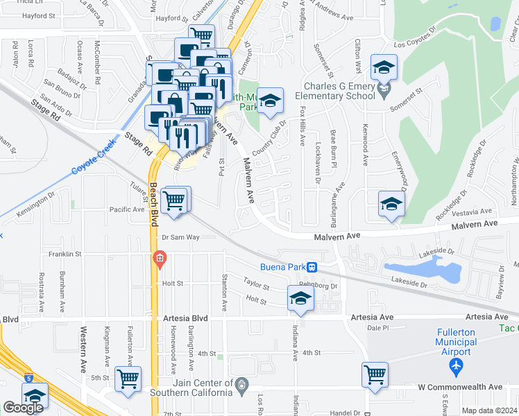 map of restaurants, bars, coffee shops, grocery stores, and more near 8174 Mammoth Circle in Buena Park