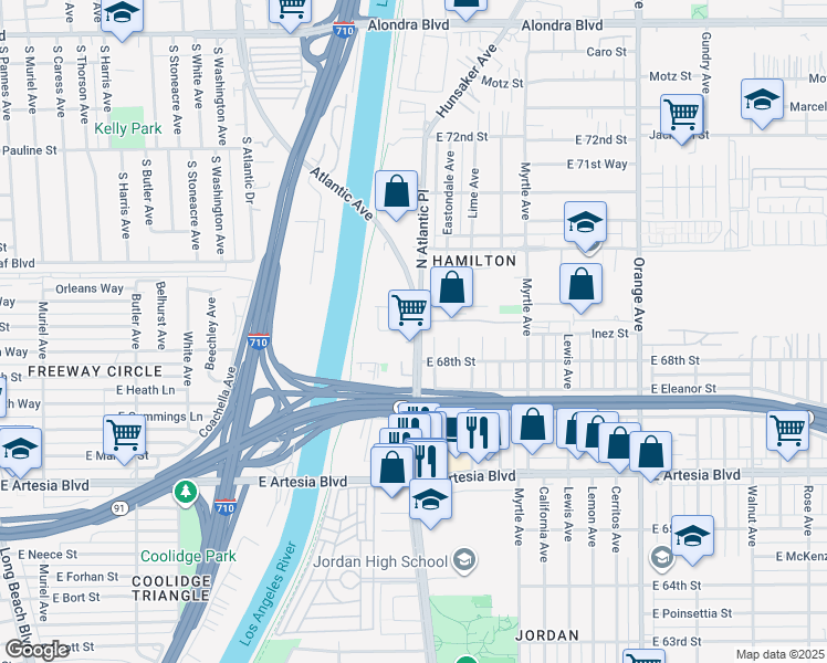 map of restaurants, bars, coffee shops, grocery stores, and more near 6901 Atlantic Avenue in Long Beach
